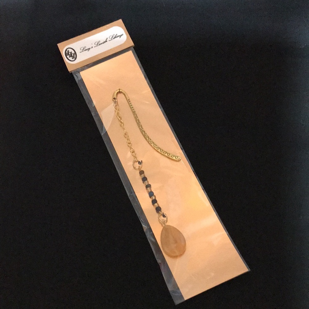 Goldtone Metal Shepherd’s Hook Bookmark w/Chain, Glass Beads, & Gemstones Beads